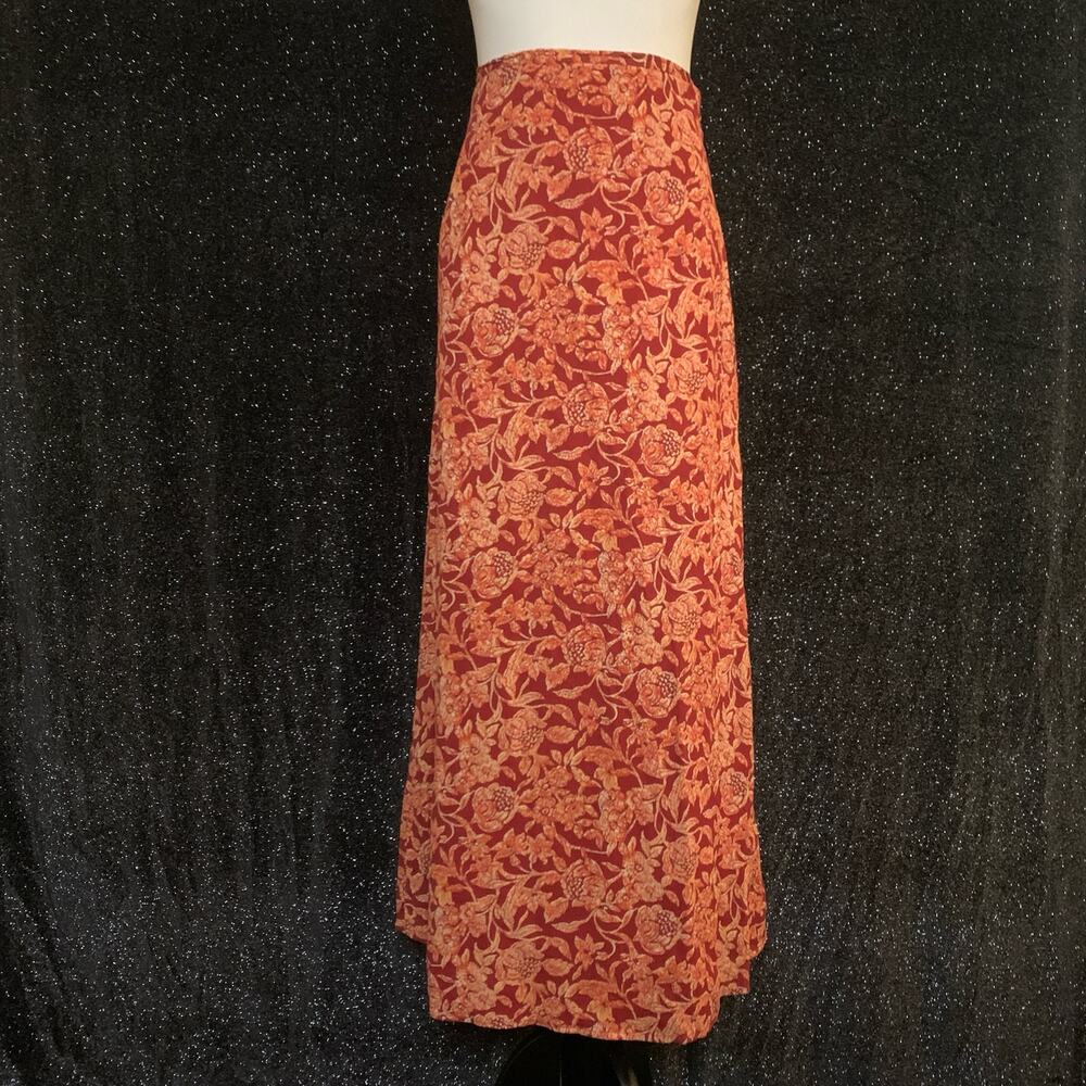 Eddie Bauer 90s Rust Red & Orange Floral Midi Skirt Womens Size 10